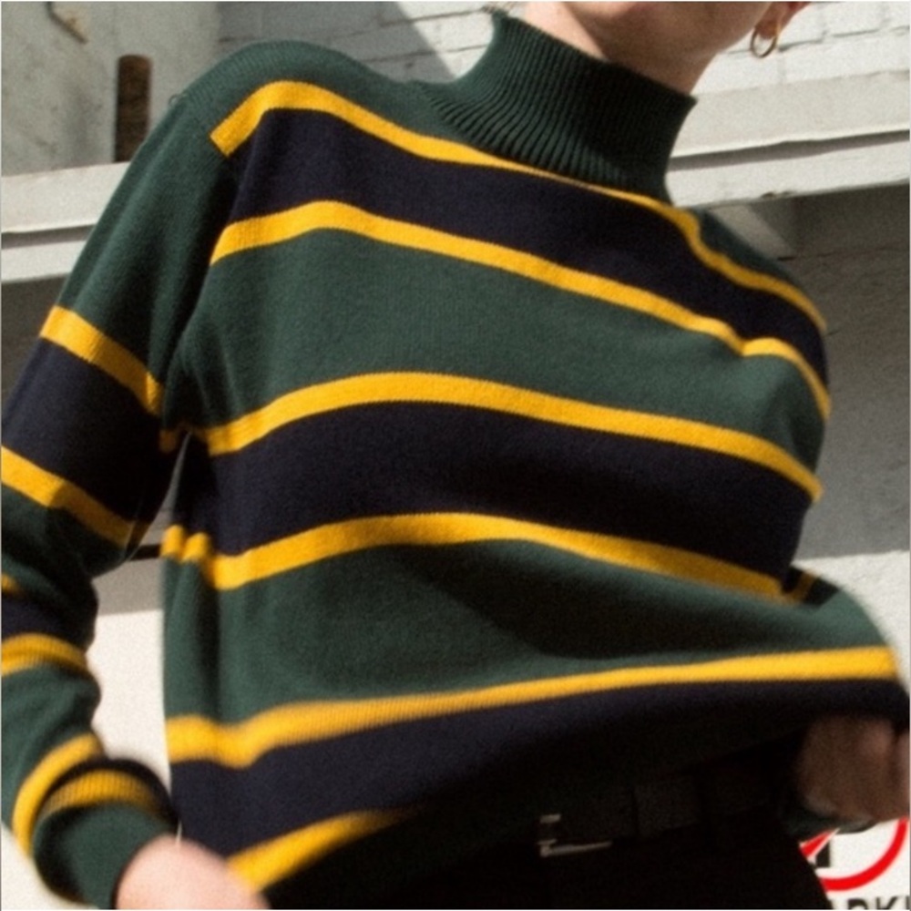 Vintage Brandy Melville  Turtleneck Green/Yellow Blue Striped Knit Sweater